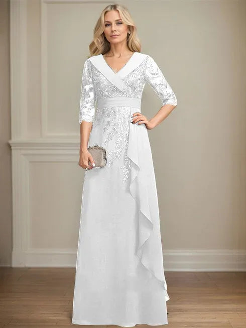 A-line Collared V-Neck Floor-Length Lace Chiffon Mother of the Bride Dress With Sequins Cascading Ruffles