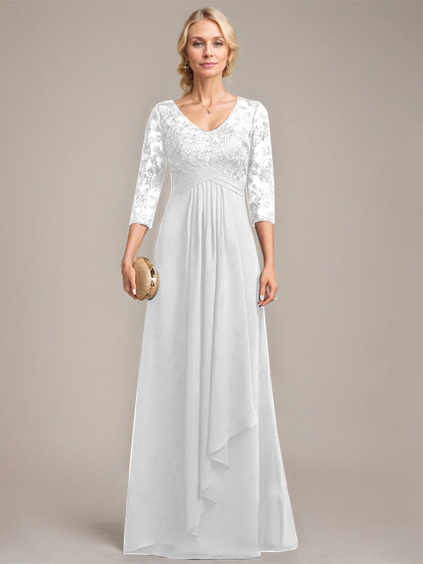 A-line V-Neck Floor-Length Lace Chiffon Mother of the Bride Dress With Cascading Ruffles Sequins