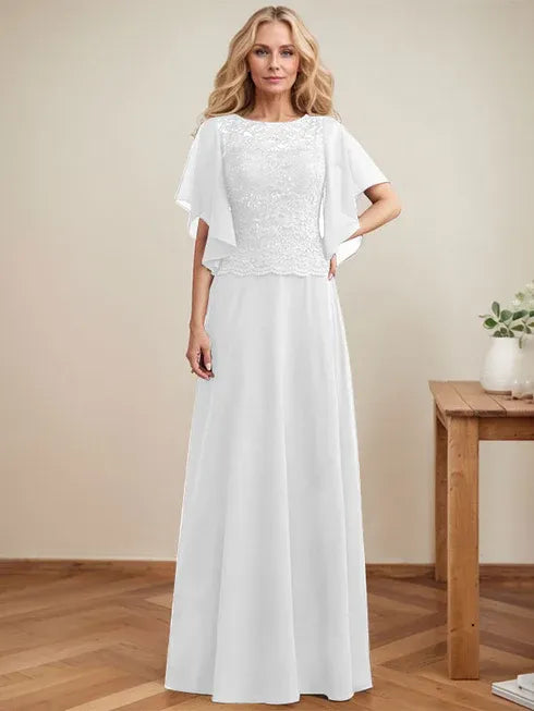 A-line Scoop Illusion Floor-Length Lace Chiffon Mother of the Bride Dress With Sequins
