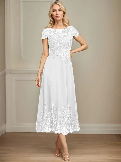 A-line Illusion Scoop Tea-Length Lace Chiffon Mother of the Bride Dress With Sequins