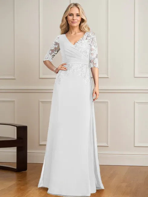A-line V-Neck Floor-Length Lace Chiffon Mother of the Bride Dress With Pleated Sequins