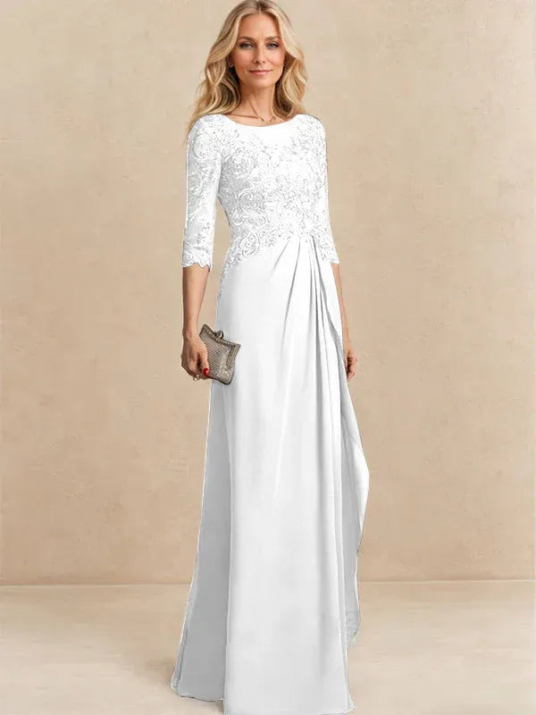 A-line Scoop Illusion Floor-Length Chiffon Lace Mother of the Bride Dress With Beading Sequins Cascading Ruffles