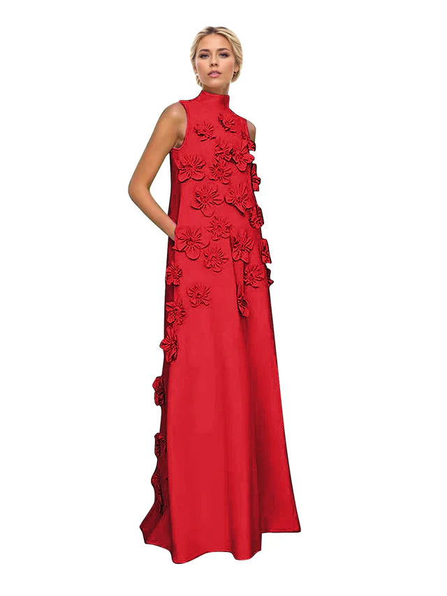 A Line High Neck Sleeveless Floor Length Stretch Crepe Dress With 3D Flowers