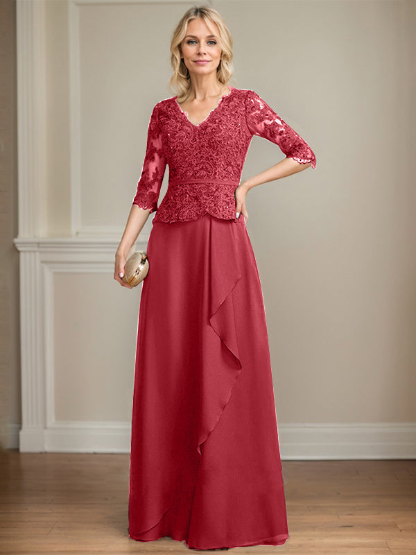 A-line V-Neck Floor-Length Lace Chiffon Mother of the Bride Dress With Cascading Ruffles Sequins