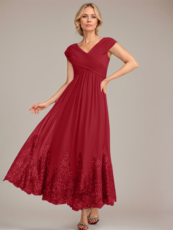 A-line V-Neck Ankle-Length Chiffon Mother of the Bride Dress With Applique Sequins