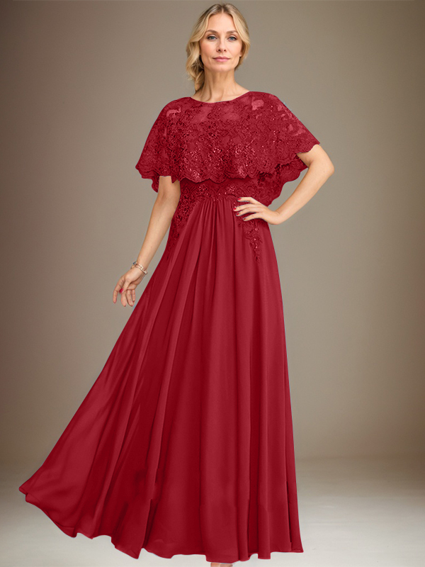 A-line Boat Neck Floor-Length Lace Chiffon Mother of the Bride Dress With Applique Sequins