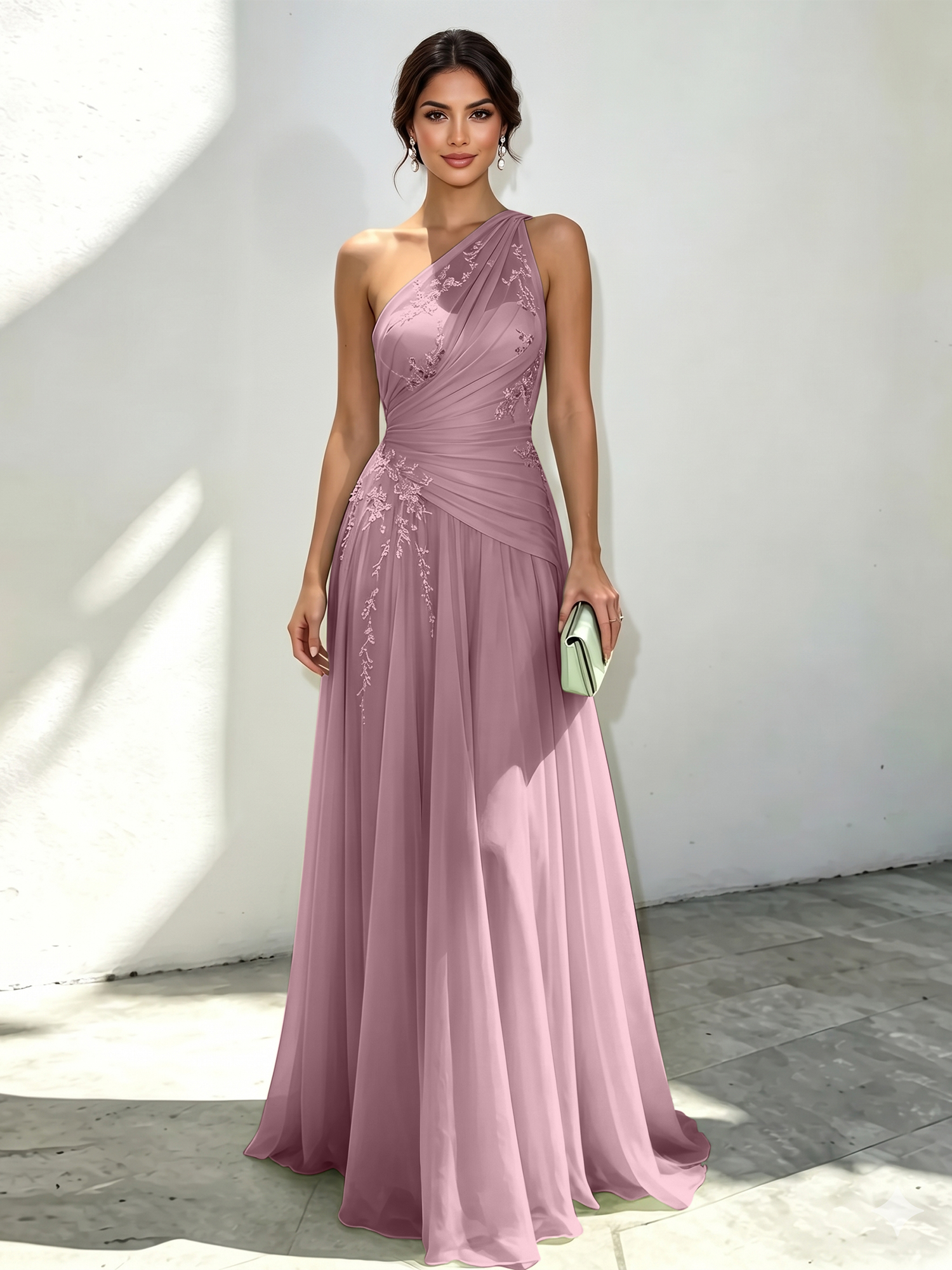 Mint Green Applique 3D Floral Chiffon One Shoulder Sleeveless A-Line Floor Length Dress