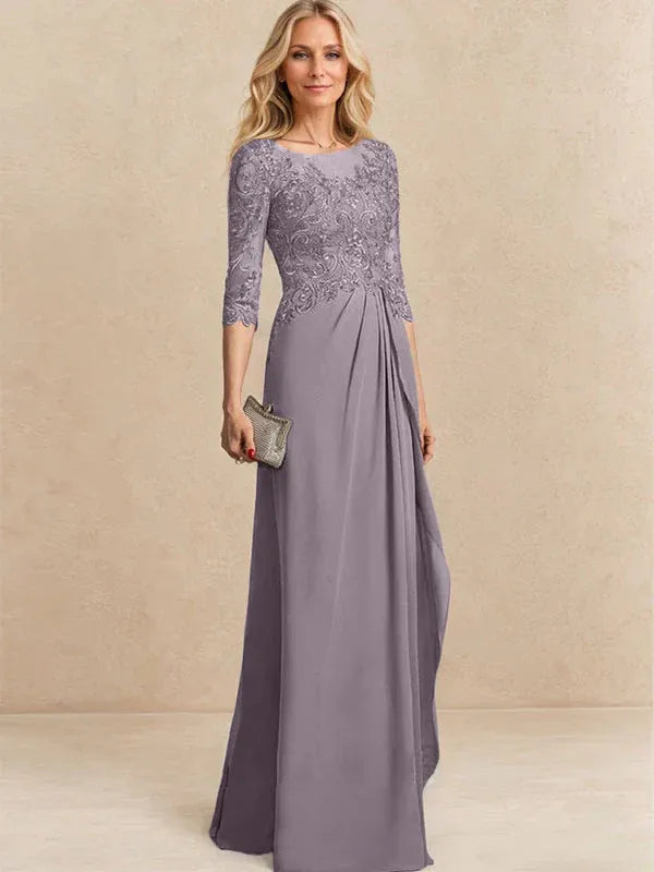 A-line Scoop Illusion Floor-Length Chiffon Lace Mother of the Bride Dress With Beading Sequins Cascading Ruffles