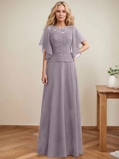 A-line Scoop Illusion Floor-Length Lace Chiffon Mother of the Bride Dress With Sequins