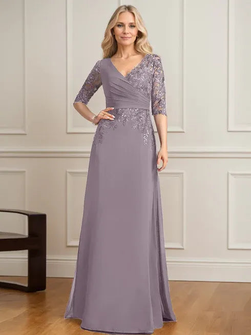 A-line V-Neck Floor-Length Lace Chiffon Mother of the Bride Dress With Pleated Sequins