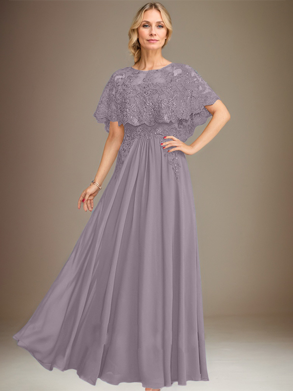 A-line Boat Neck Floor-Length Lace Chiffon Mother of the Bride Dress With Applique Sequins