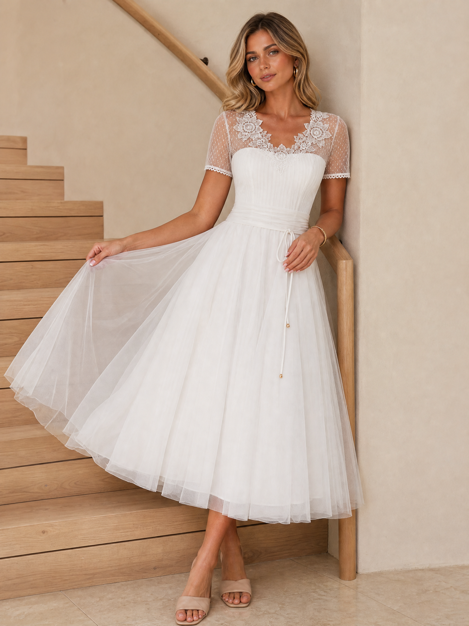 White Lace Tulle V Back Midi Dress with Short Sleeves
