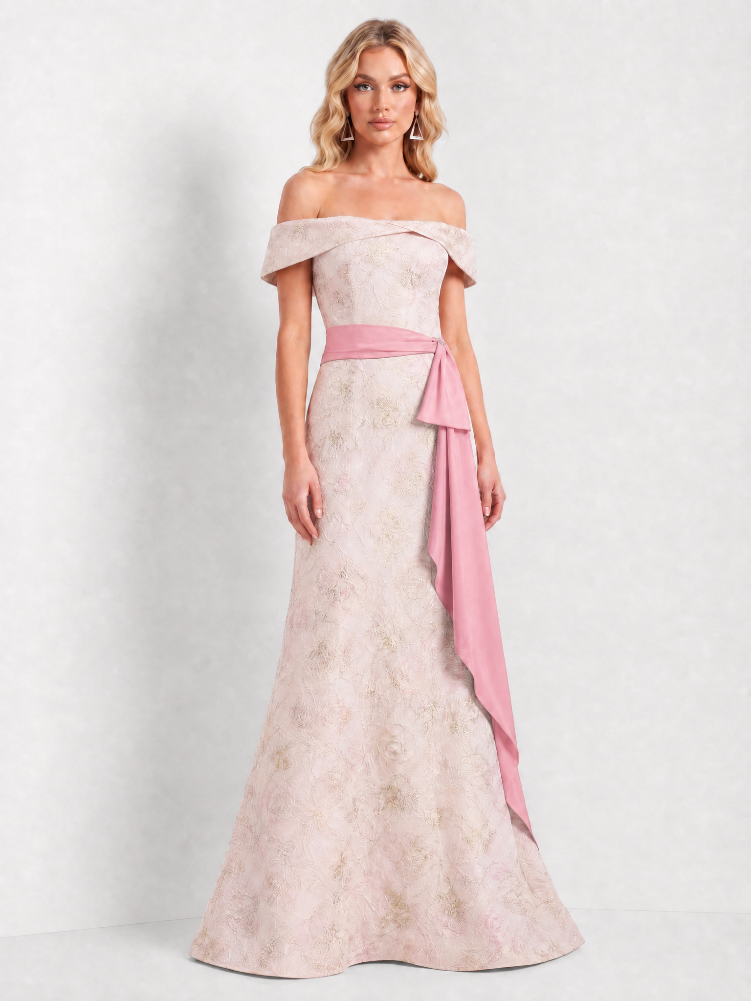 Blush Pink Off-the-Shoulder Floral Jacquard Mermaid Gown