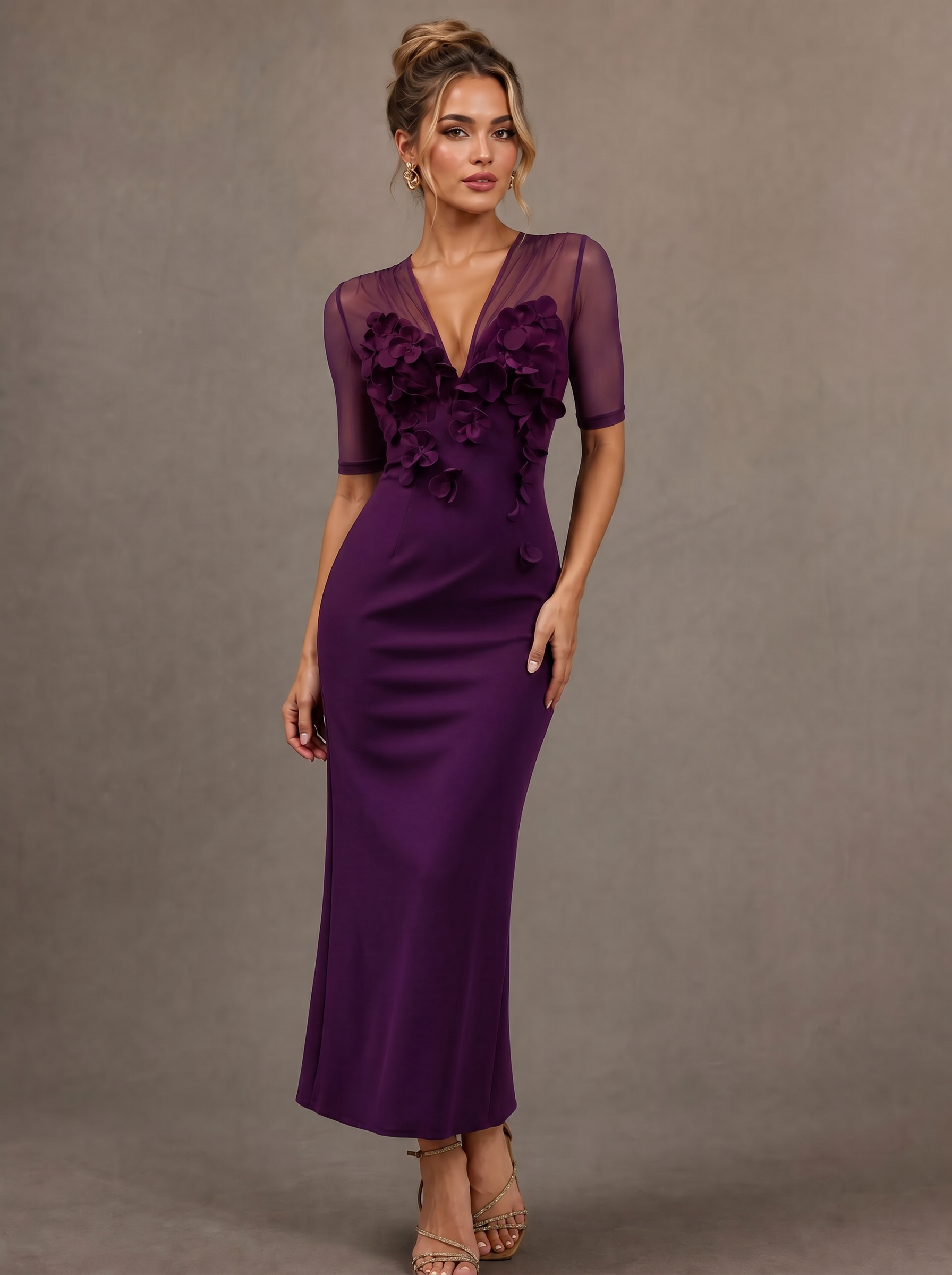 Sheer Mesh V Neck 3D Floral Embellished Sheath Midi Dress
