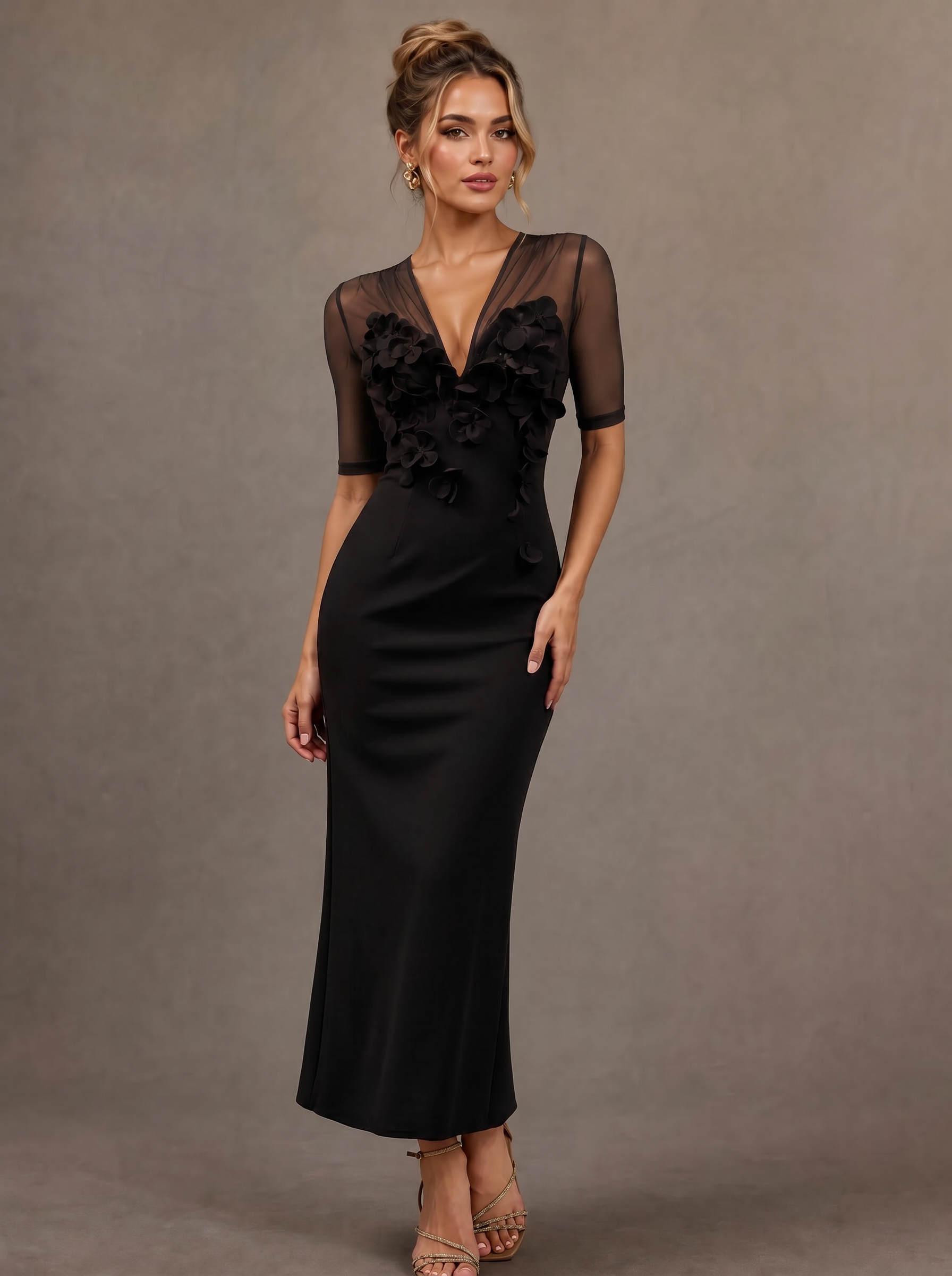 Sheer Mesh V Neck 3D Floral Embellished Sheath Midi Dress