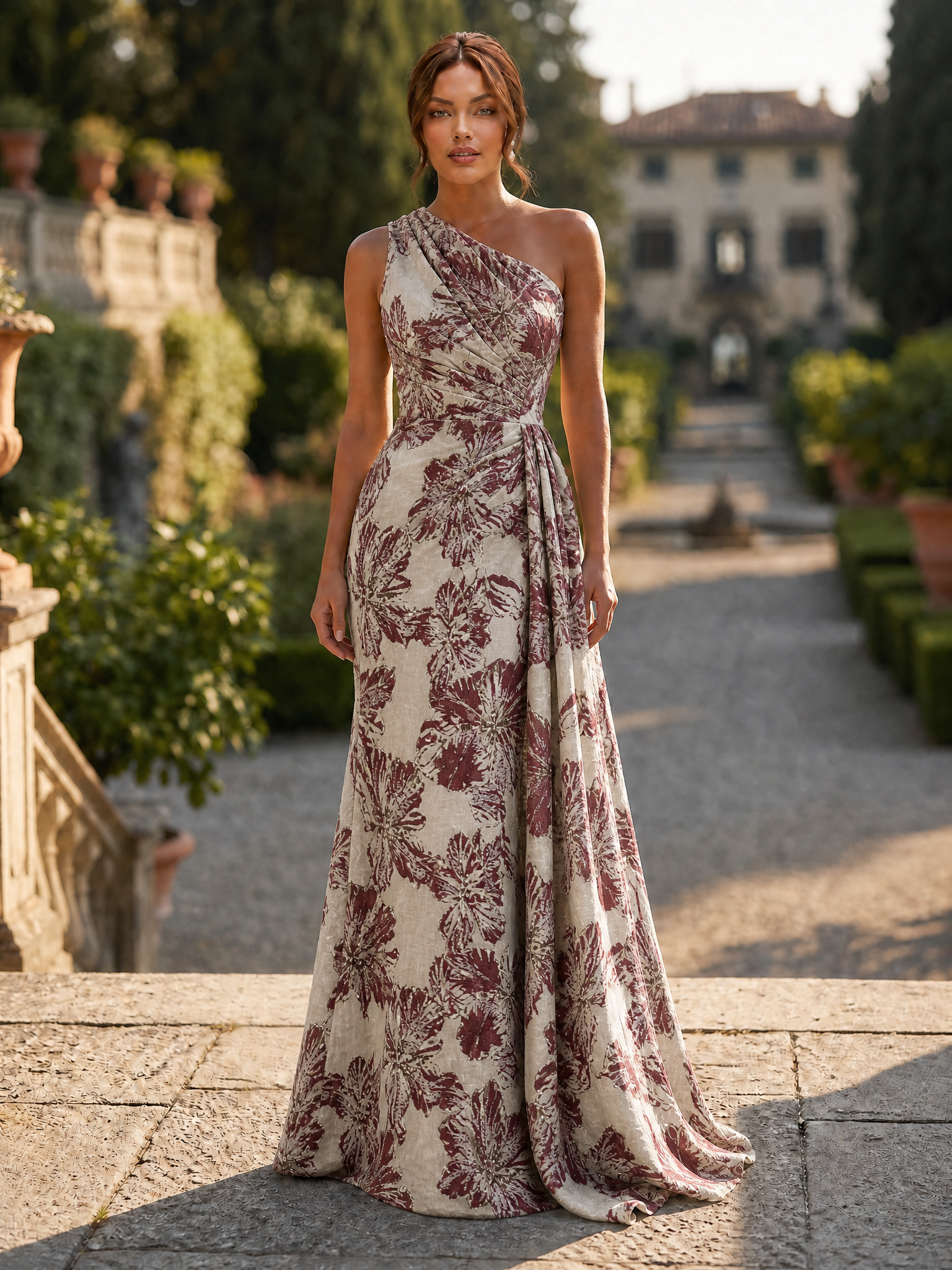 One-Shoulder Floral Jacquard Draped Mermaid Maxi Dress