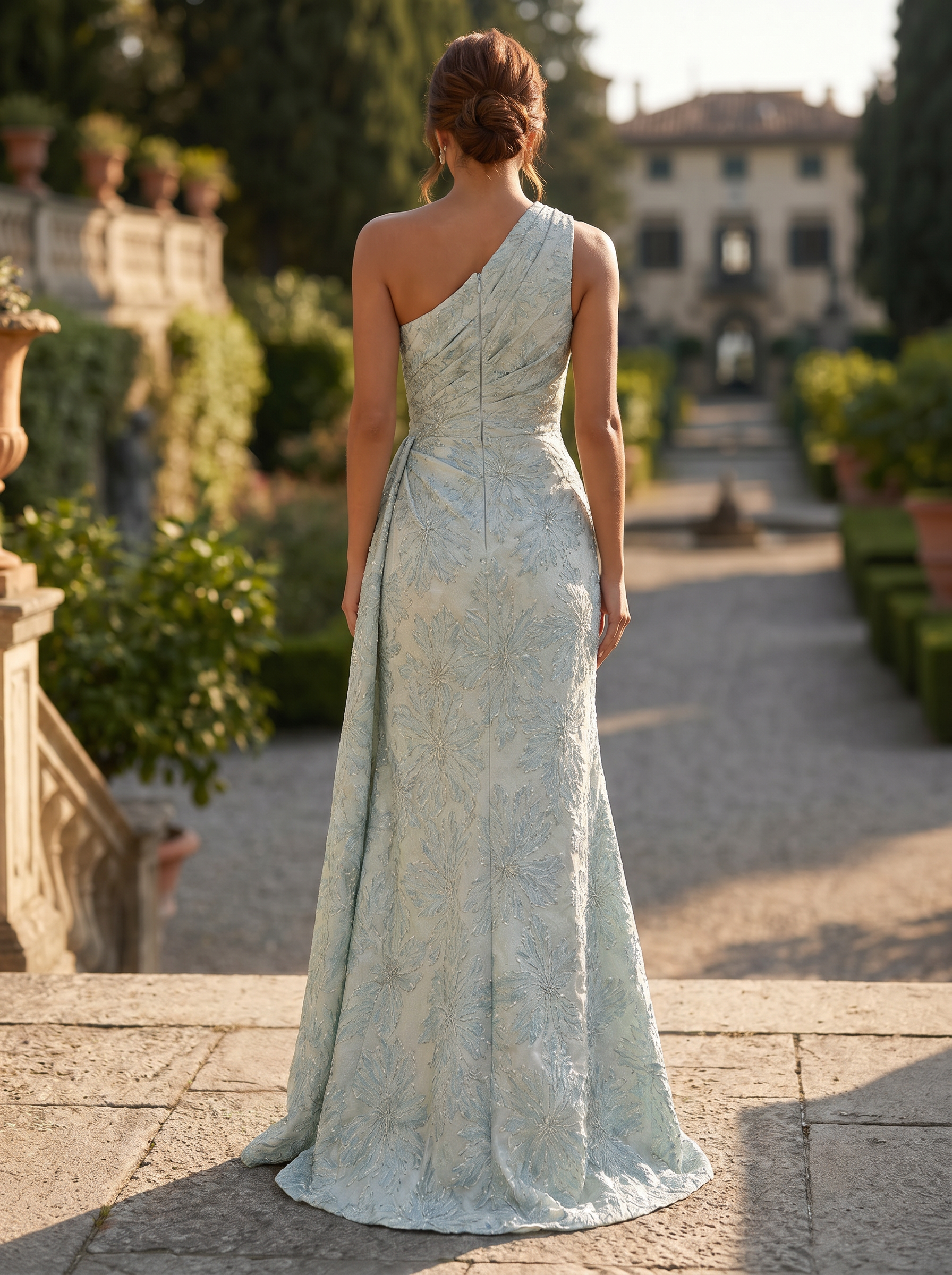One-Shoulder Floral Jacquard Draped Mermaid Maxi Dress