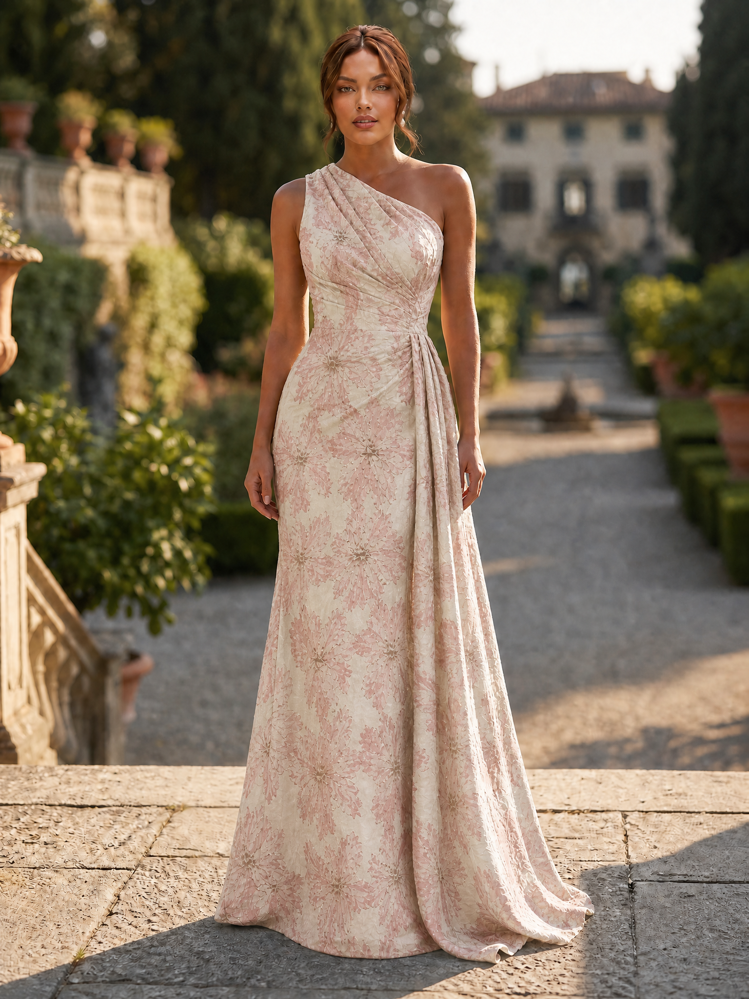 One-Shoulder Floral Jacquard Draped Mermaid Maxi Dress