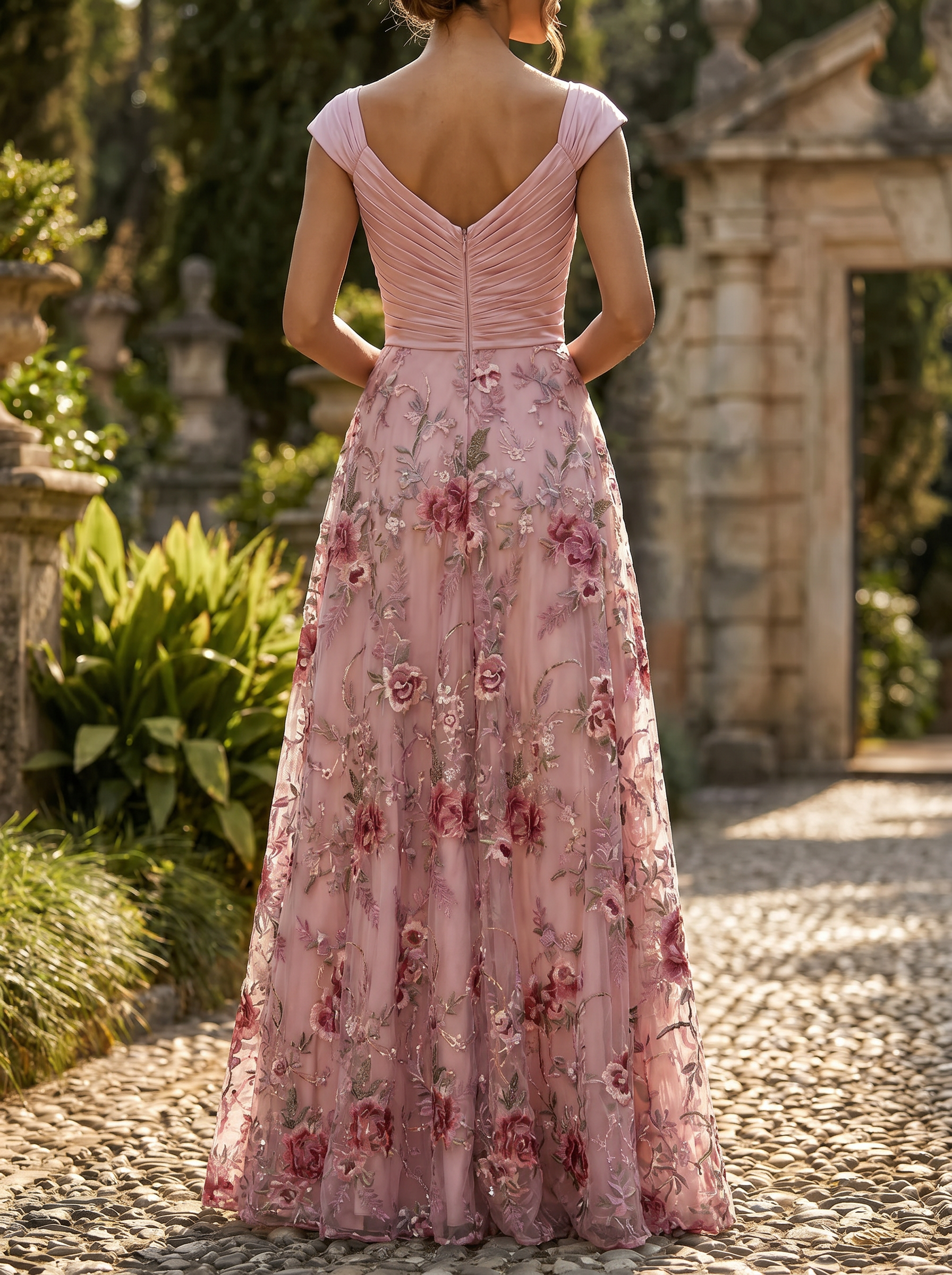 Cap Sleeve V Neck 3D Floral Embroidered A-Line Gown with Pockets