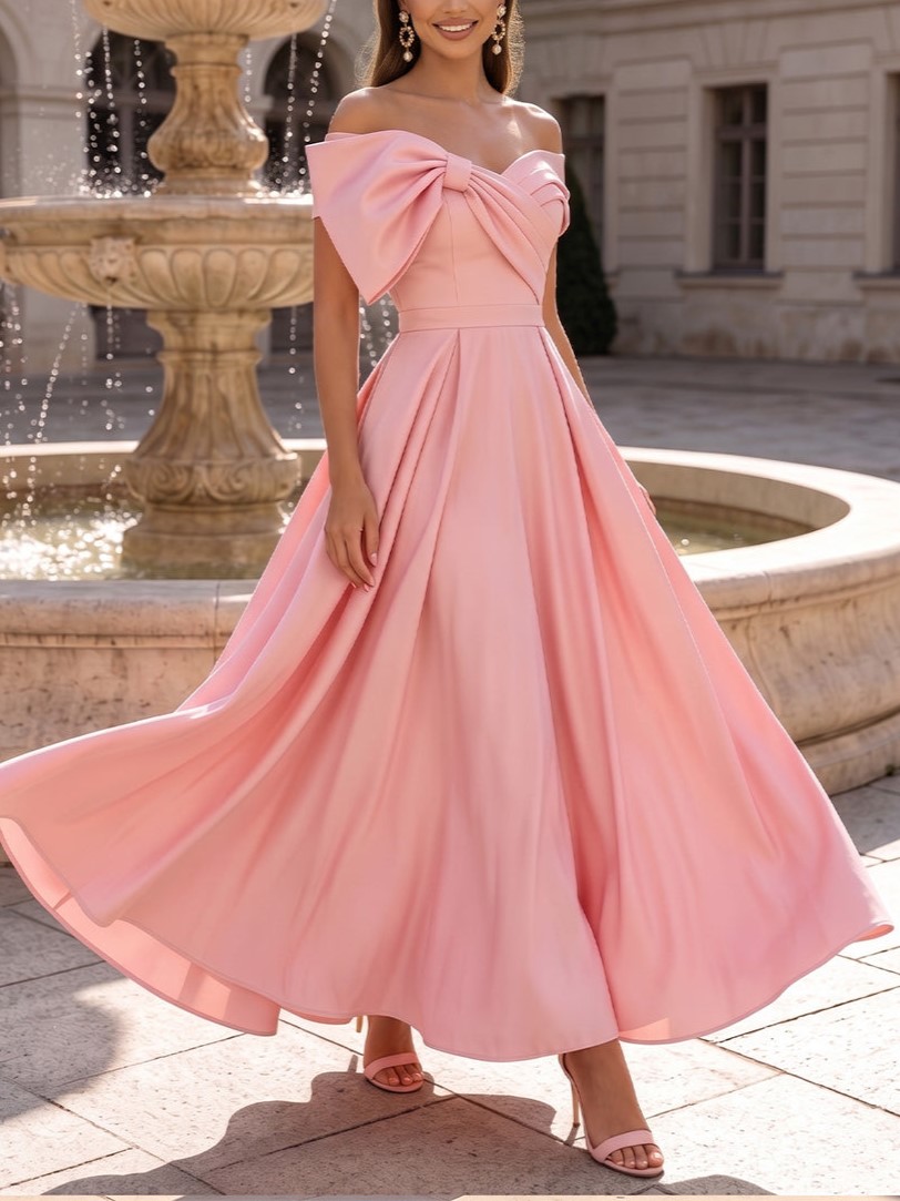 Pink Satin A Line Off the Shoulder with Bow Maxi Dress