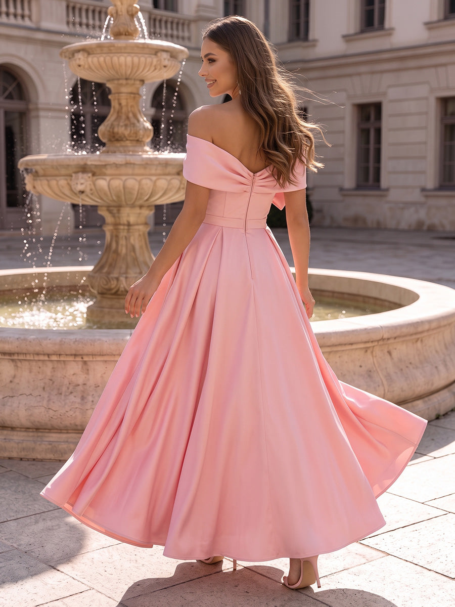 Pink Satin A Line Off the Shoulder with Bow Maxi Dress