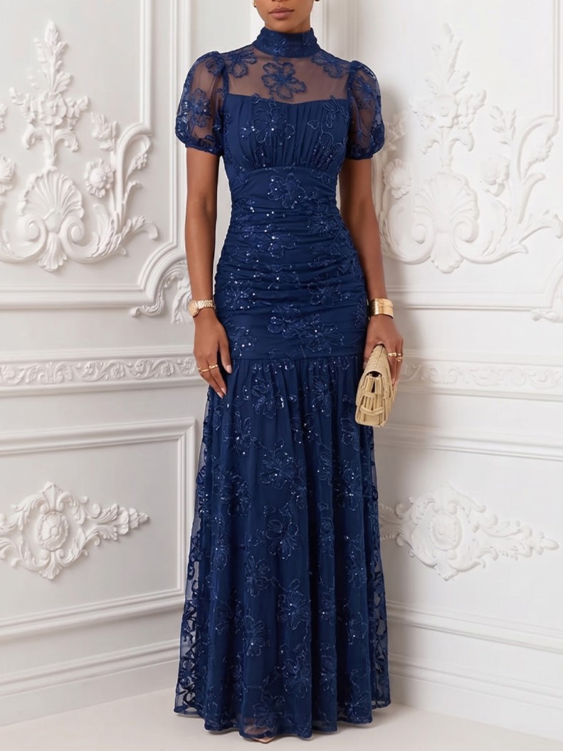 Navy Blue High Neck Puff Sleeve Floral Lace Mermaid Maxi Dress