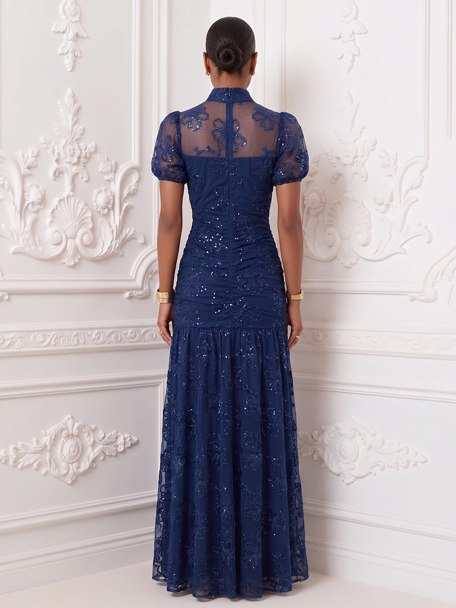 Navy Blue High Neck Puff Sleeve Floral Lace Mermaid Maxi Dress