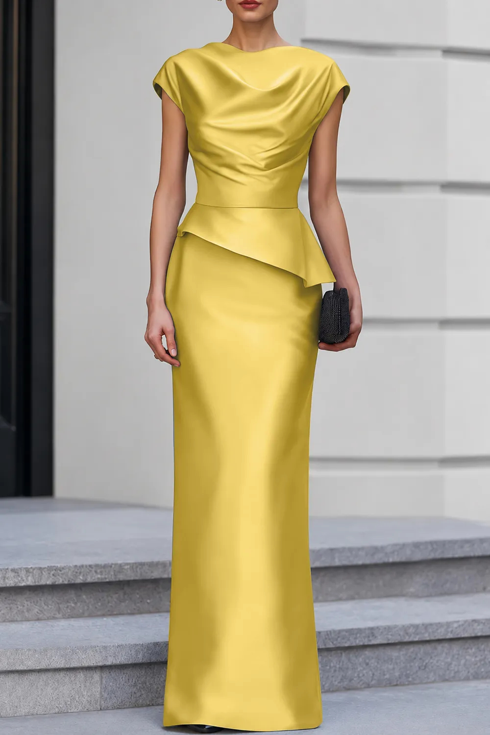 Navy Blue Cap Sleeve Satin Cowl Neck Peplum Maxi Dress