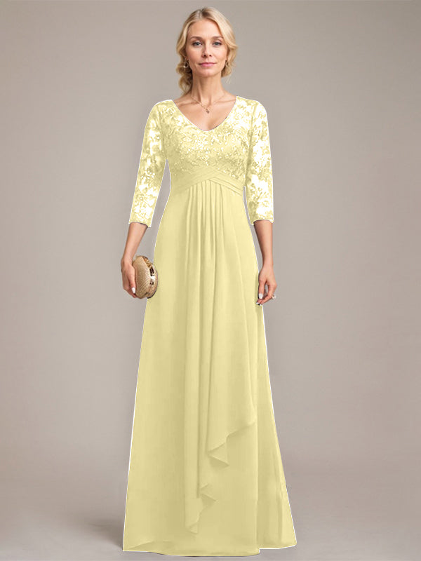 A-line V-Neck Floor-Length Lace Chiffon Mother of the Bride Dress With Cascading Ruffles Sequins