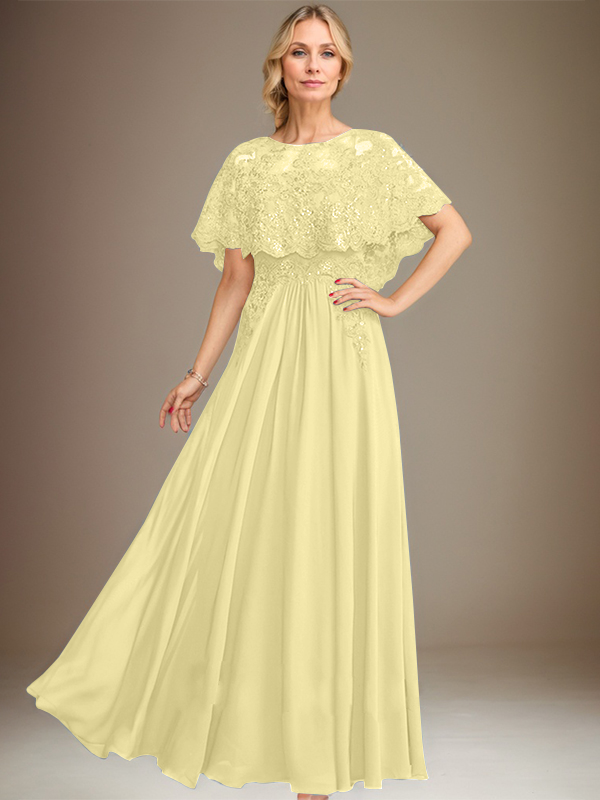 A-line Boat Neck Floor-Length Lace Chiffon Mother of the Bride Dress With Applique Sequins