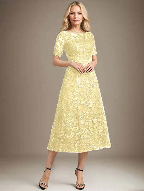 A-line Scoop Illusion Tea-Length Lace Mother of the Bride Dress With Sequins