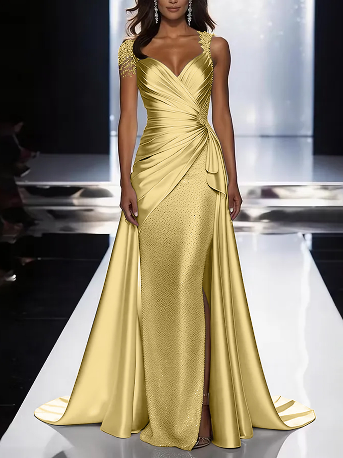 Silver Grey Deep V-Neck Draped Satin Metallic Mermaid Maxi Dress
