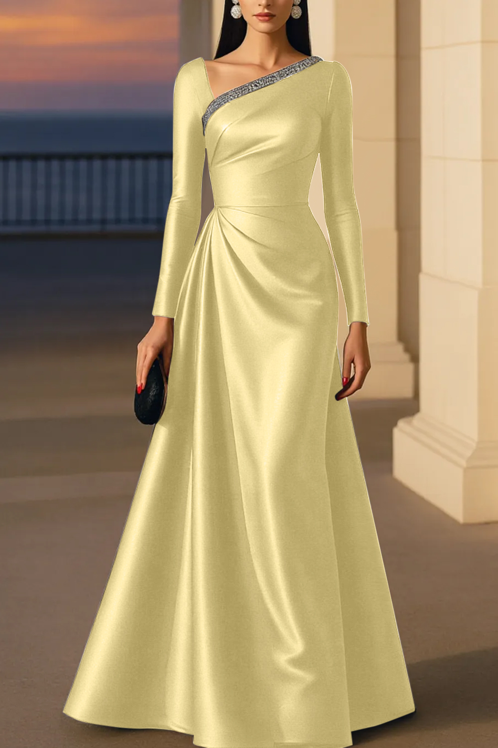 Evening Formal Burgundy Dress Asymmetrical Neck Long Sleeve Maxi Gown