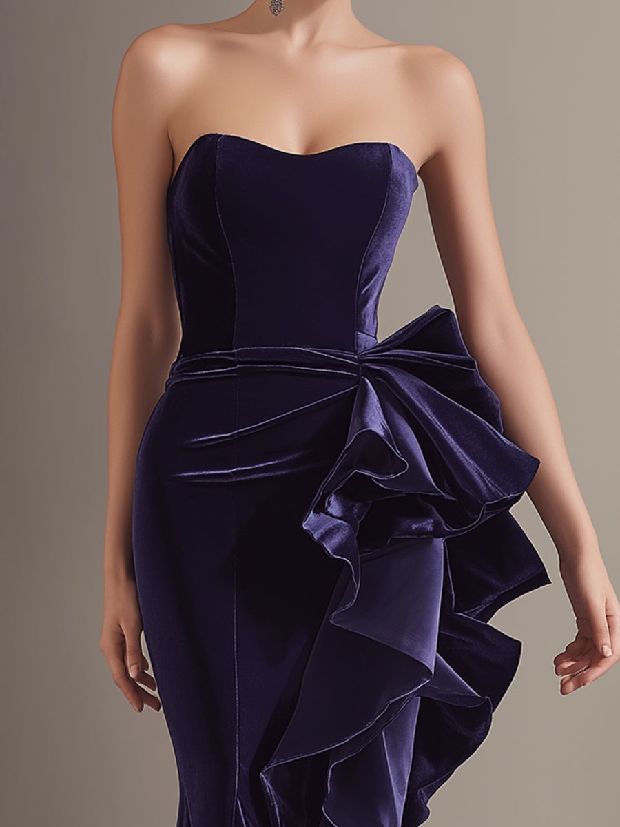 Strapless Royal Purple Velvet Ruffle Evening Gown