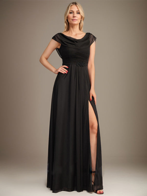 A-line Scoop Floor-Length Chiffon Mother of the Bride Dress With Pleated Beading