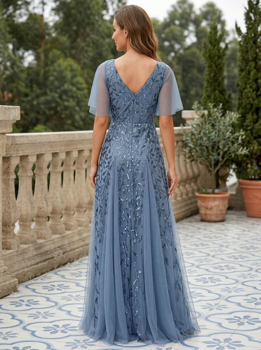 Dusty Blue V-Neck Tulle Sequin Leaf Embroidery Maxi Dress