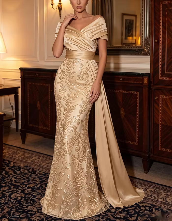 Champagne Off‑Shoulder Satin Sequin Embroidery Maxi Dress