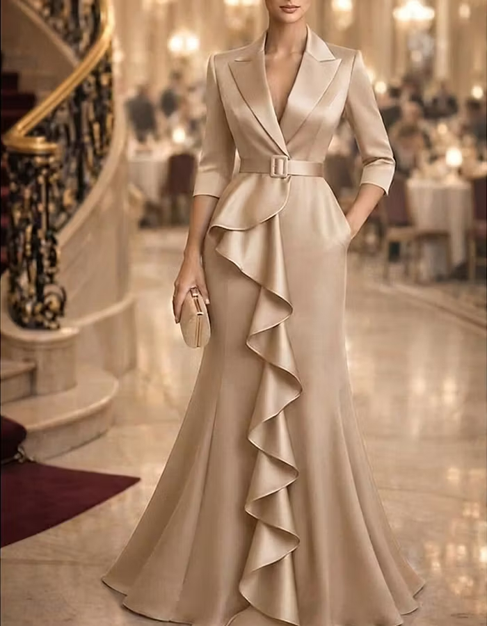 V Neck 3/4 Sleeve Belted Waist Cascading Ruffle Satin Maxi Dress
