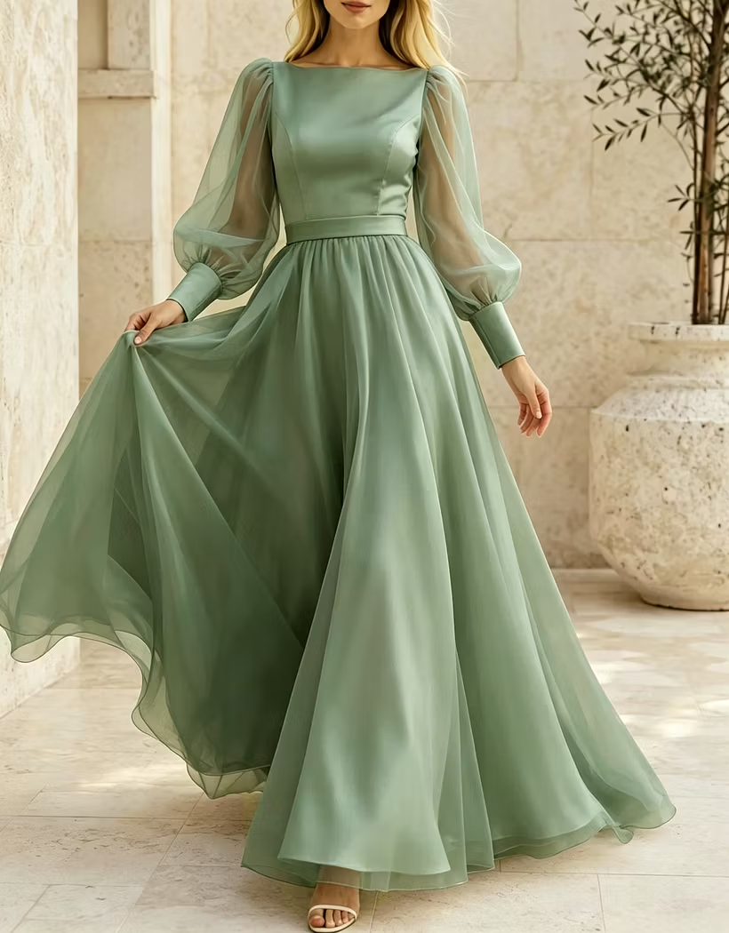 Boat Neck Satin Chiffon Sheer Puff Long Sleeve Evening A‑Line Maxi Dress