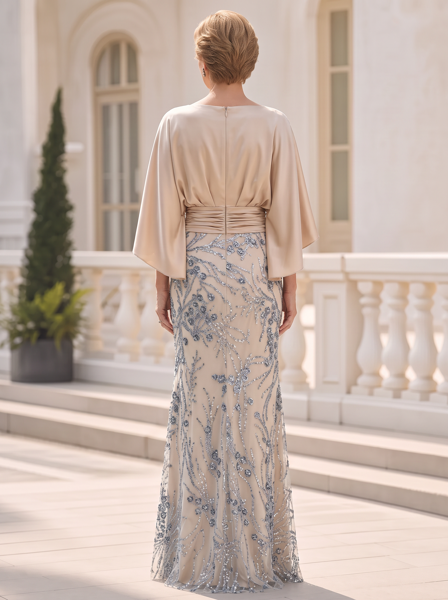 Champagne Cape Sleeve Ruched Sequin Mermaid Dress