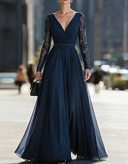 Navy Blue V-Neck Lace Maxi Dress