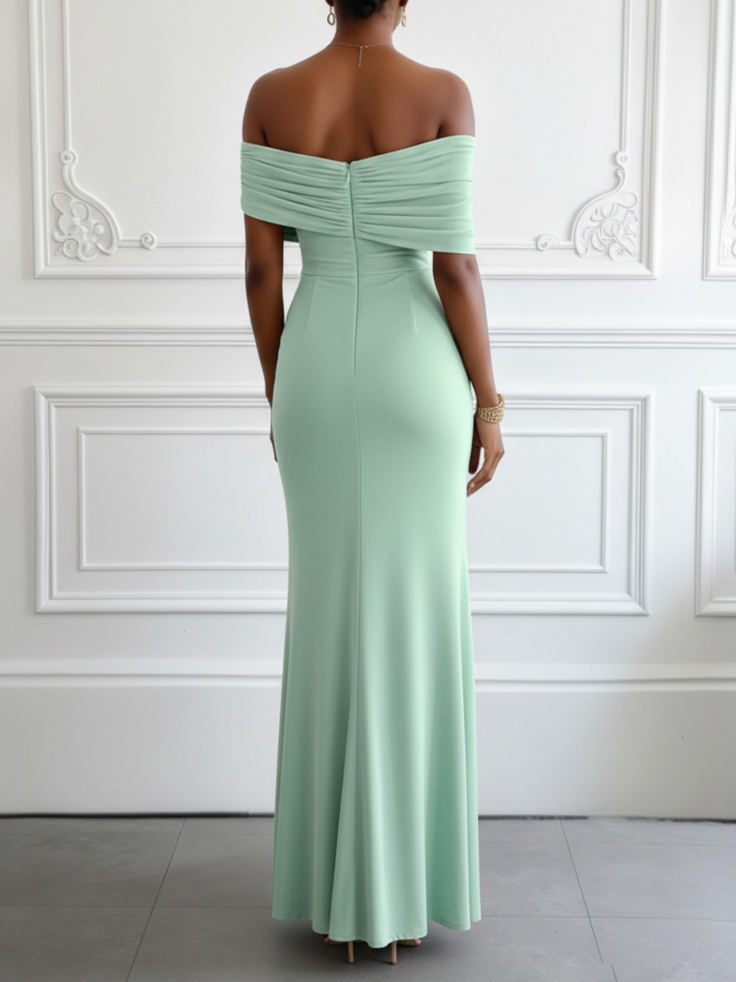Green Ruched Knit Off The Shoulder Sleeveless Bodycon Maxi Dress