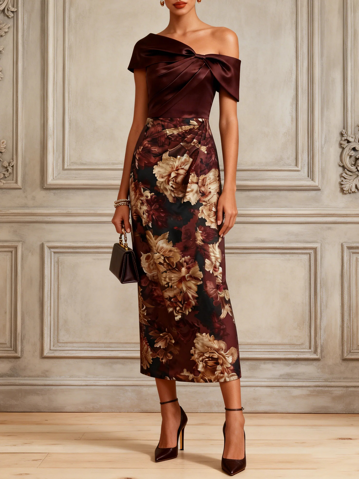 Burgundy Floral Ruched Satin One Shoulder Short Sleeve Sheath Midi Dress