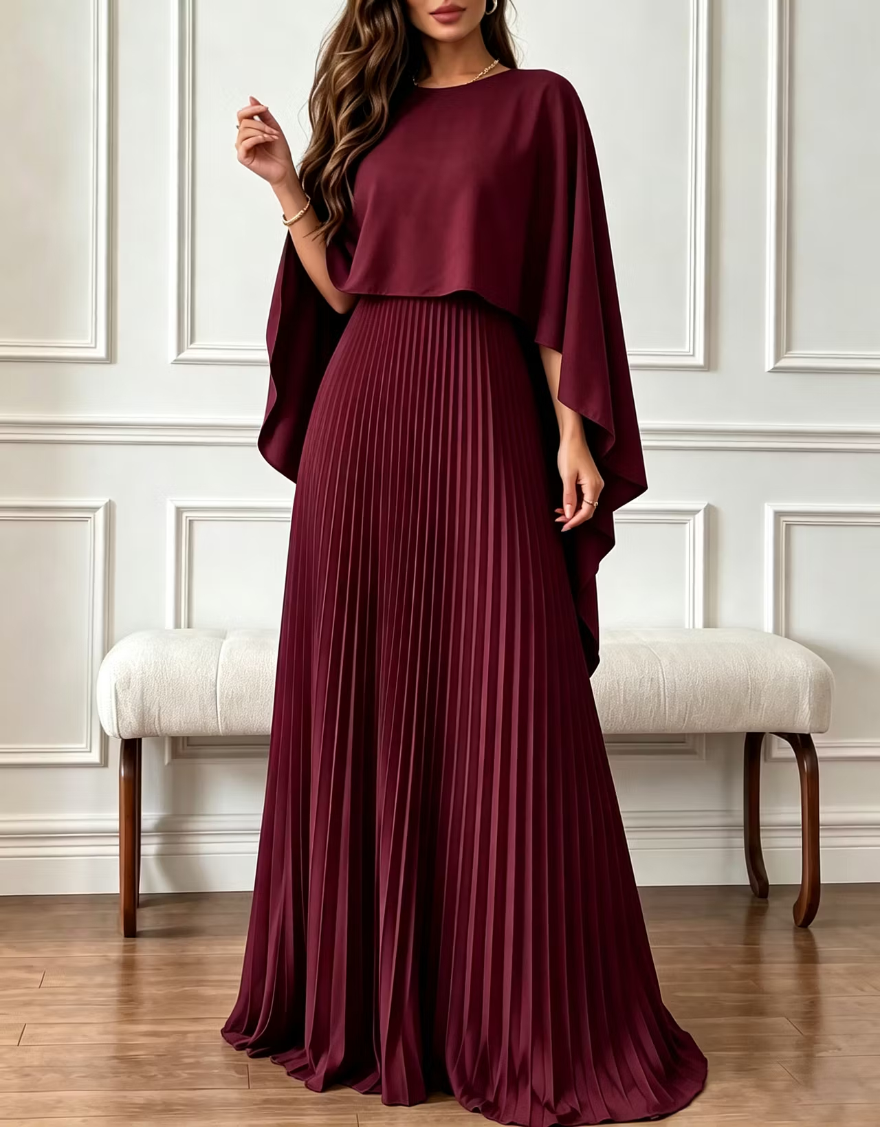 Round Neck Chiffon Cape Overlay Evening A‑Line Maxi Dress