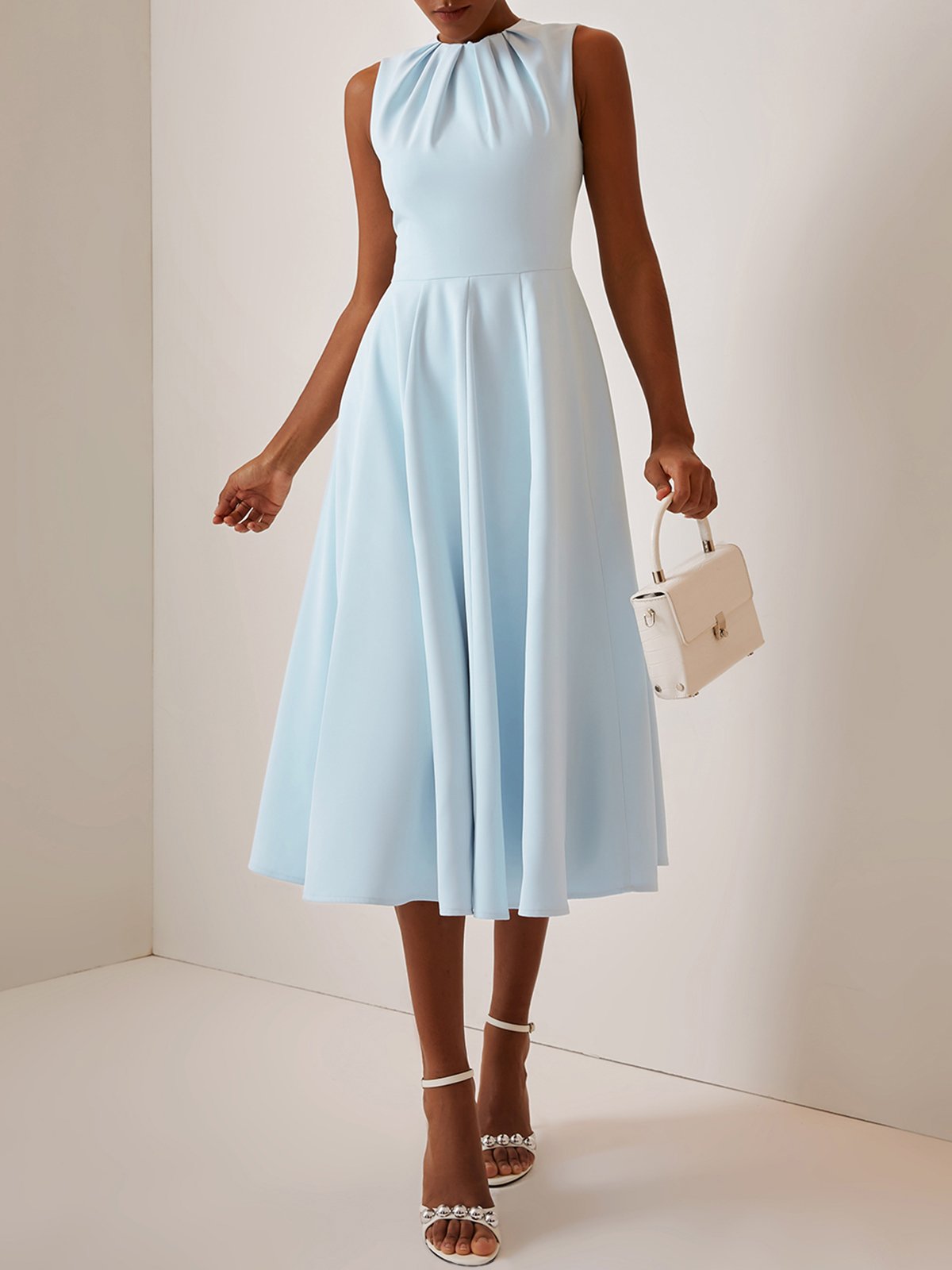 Blue Ruched Crew Neck Sleeveless A-Line Midi Dress