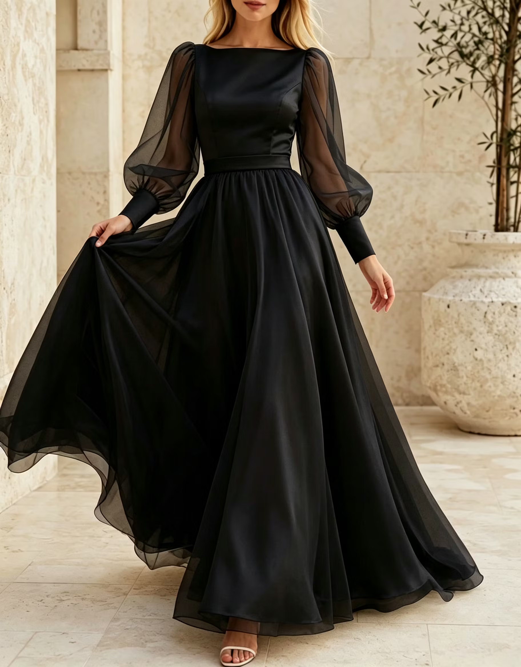 Boat Neck Satin Chiffon Sheer Puff Long Sleeve Evening A‑Line Maxi Dress