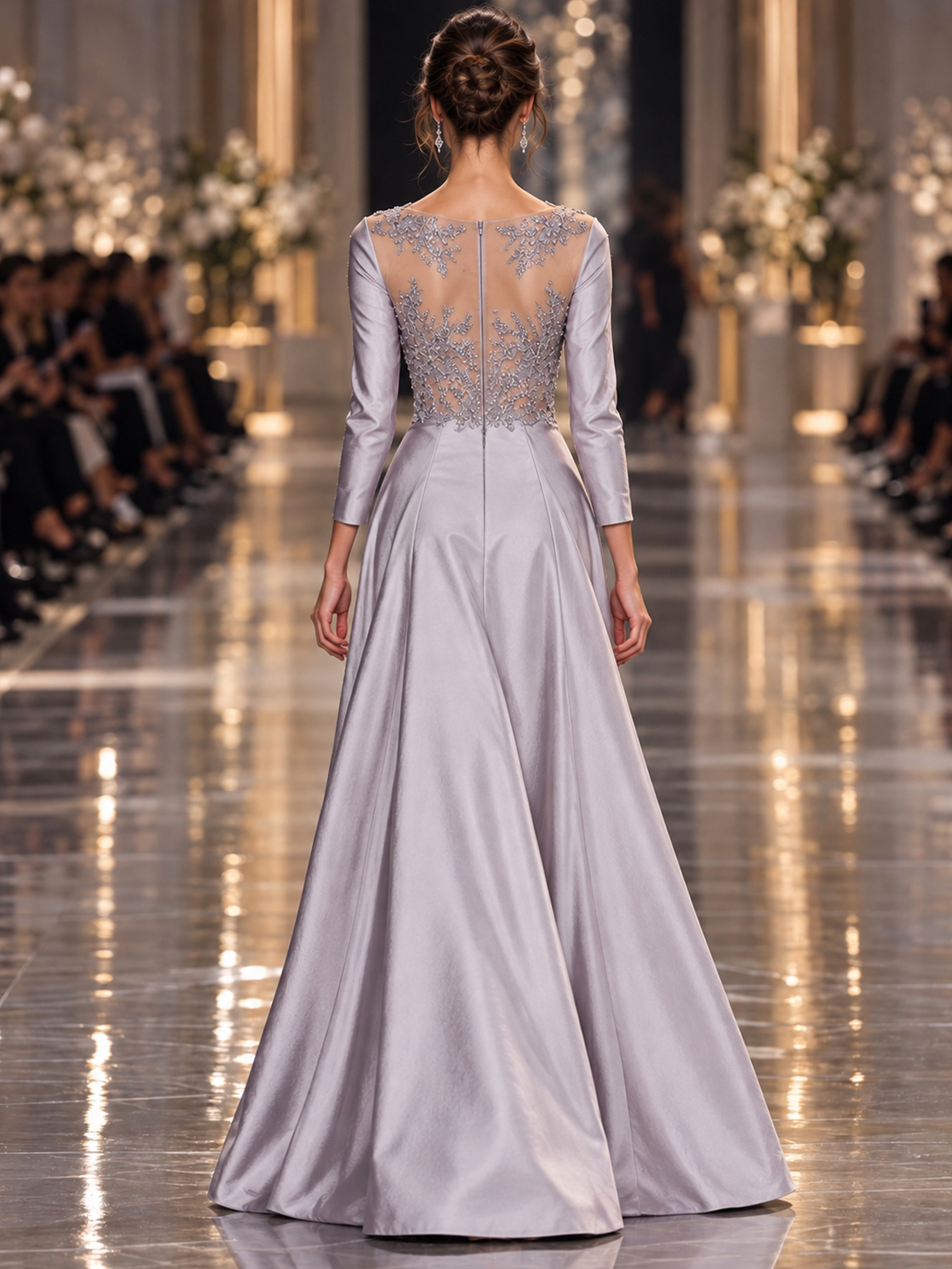 Lavender Long Sleeve Beaded Mesh Mermaid Maxi Dress