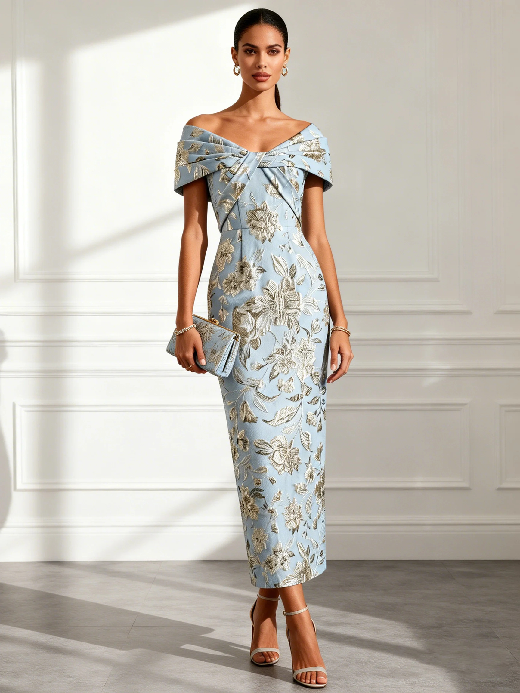 Light Blue Off Shoulder Floral Jacquard Maxi Dress