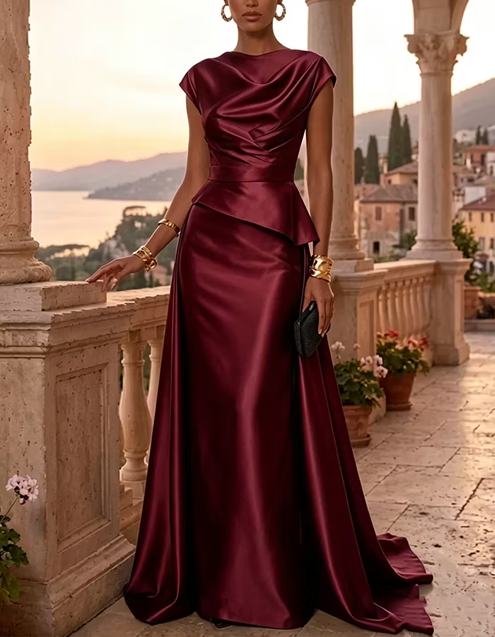 Navy Blue Draped Boat‑Neck Cap‑Sleeve Peplum Satin A‑Line Maxi Dress