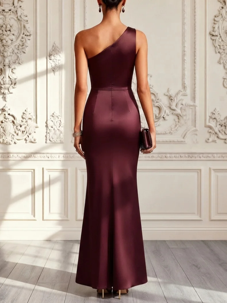 Burgundy 3D Floral Ruched Satin One Shoulder Sleeveless Sheath Maxi Dress